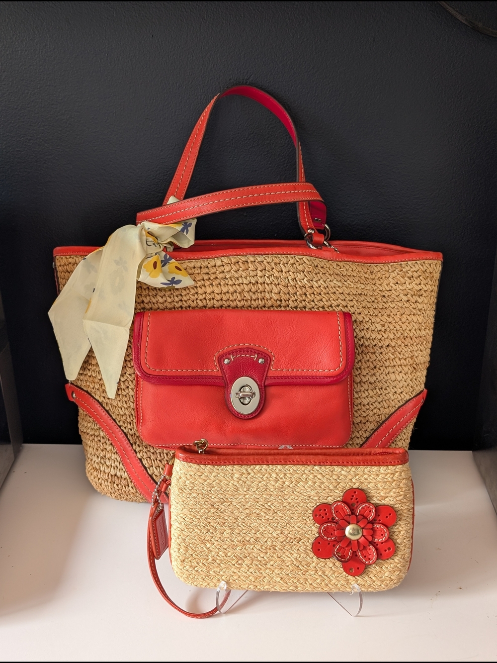 Coach Legacy Raffia Tote with Coral Leather Trim and Matching Wristlet